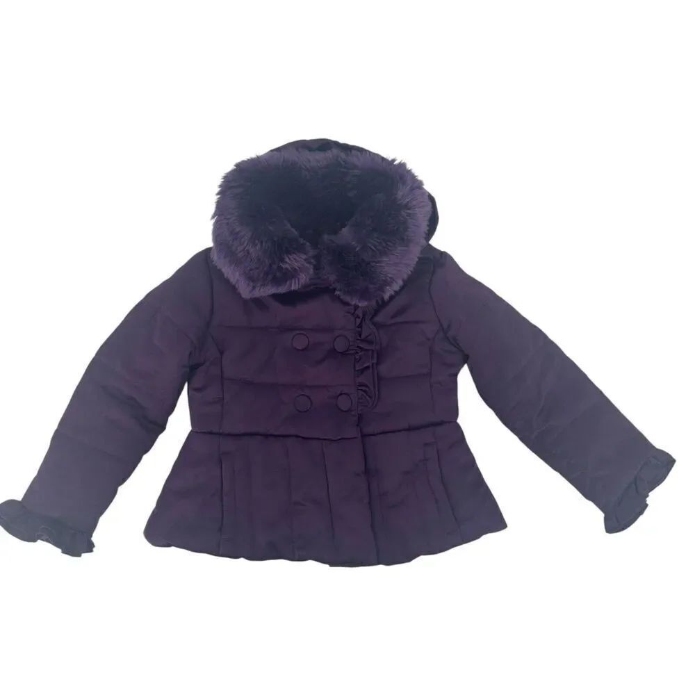 Rothschild Winter Coat Girls Purple Faux Fur Hooded Peplum Puffer Ruffle Size S